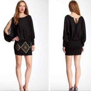 NWT Hale Bob Black Silk Combo Georgette Bat Wing Mini Dress Beaded Sz M